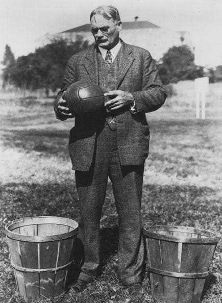 The first game of basketball was played with a soccer ball and two peach baskets nailed to the lower rail of the gymnasium balcony.